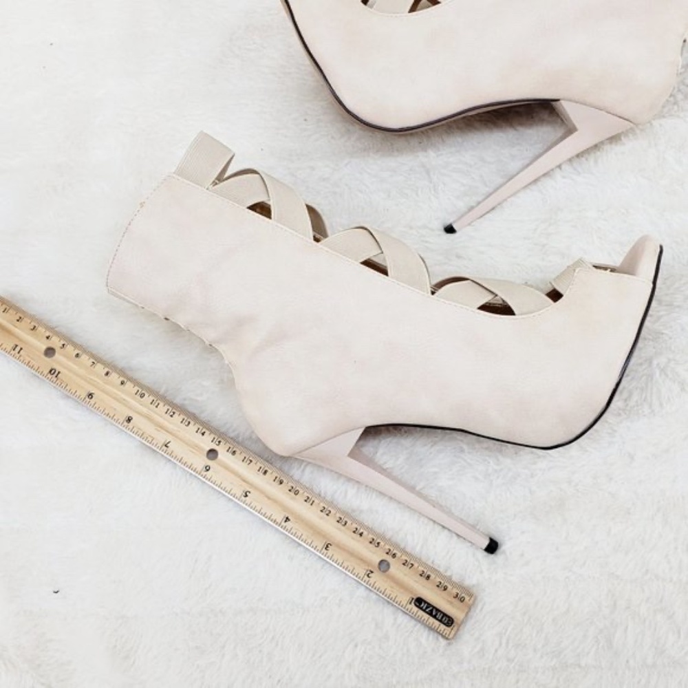 * Mona Mia Nude Peep Toe Wide Elastic Straps 4 3/4" Stiletto Heel Ankle Boots - Picture 9 of 9
